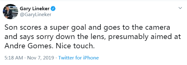 赞!孙兴O进球后双手合十致意戈麦斯