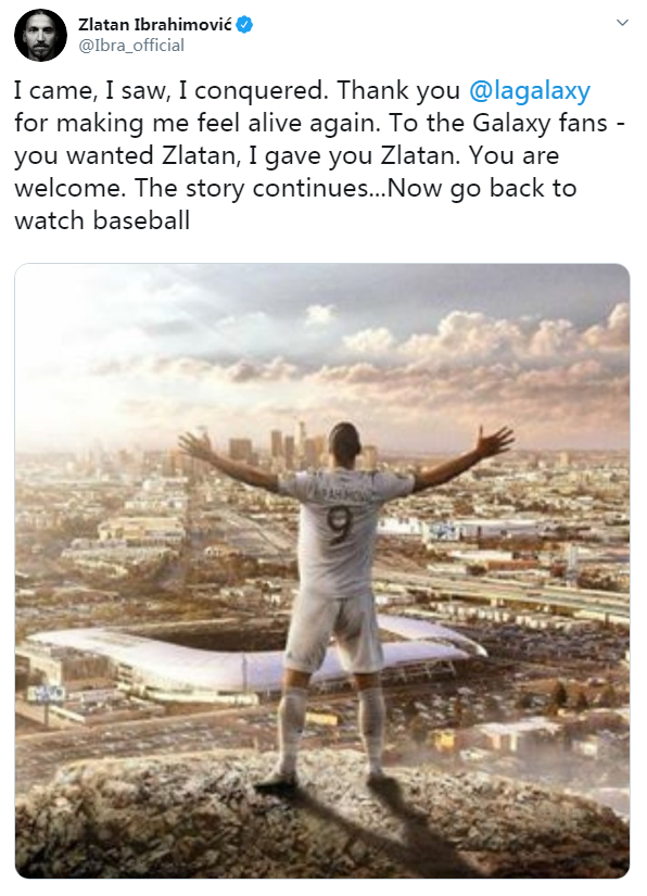 伊布告别洛杉矶！赠言美国球迷：你们看棒球去吧