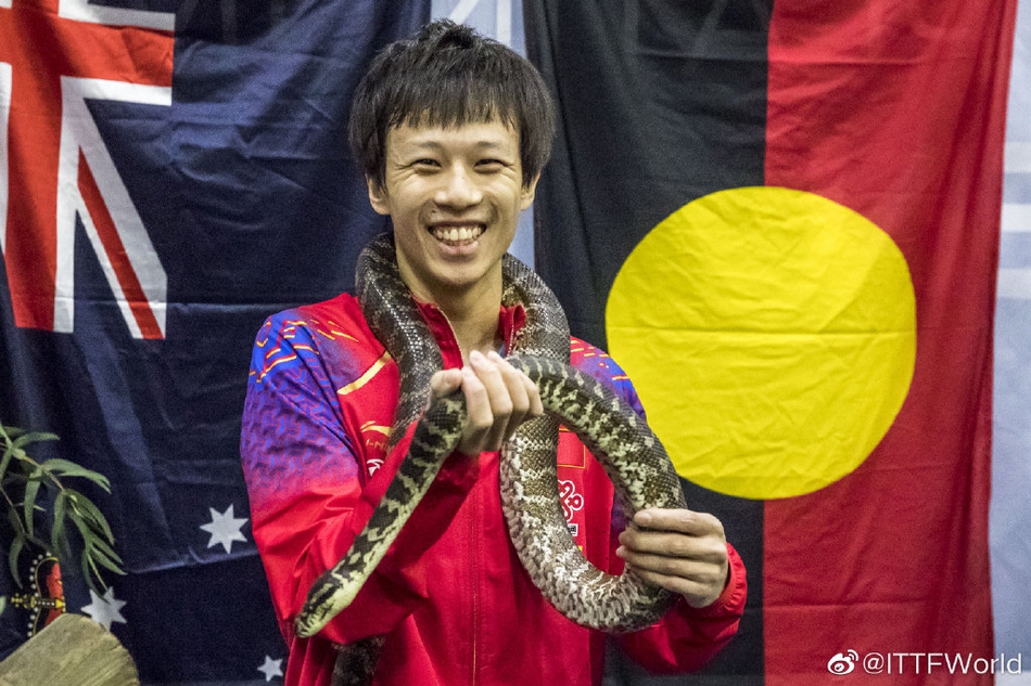 许昕林高远手拿蟒蛇拍照