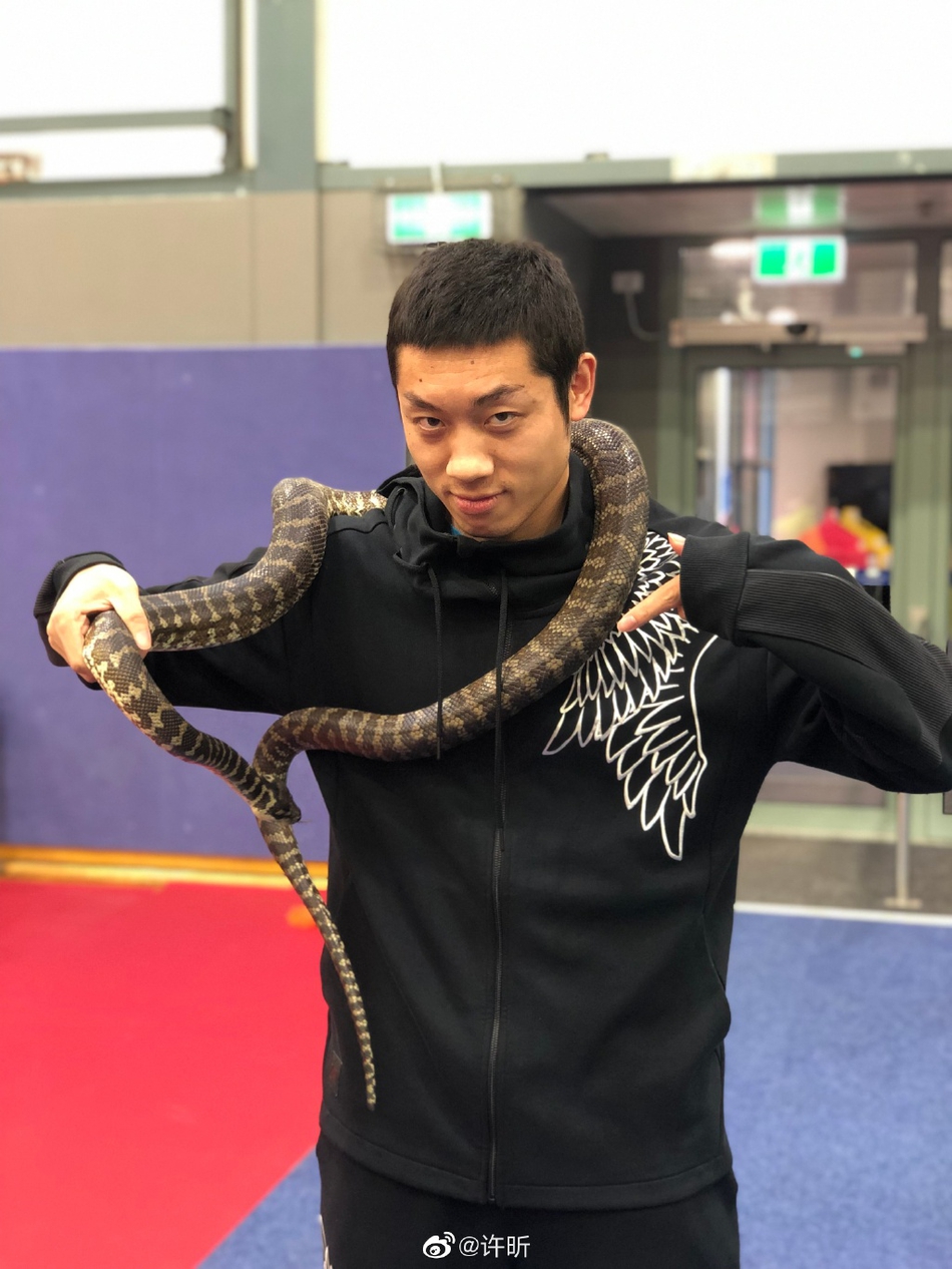 许昕林高远手拿蟒蛇拍照