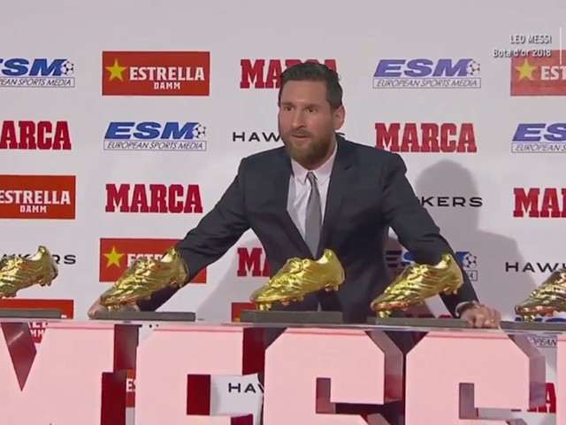 梅西领取个人第5座欧洲金靴奖超越c罗成历史第一