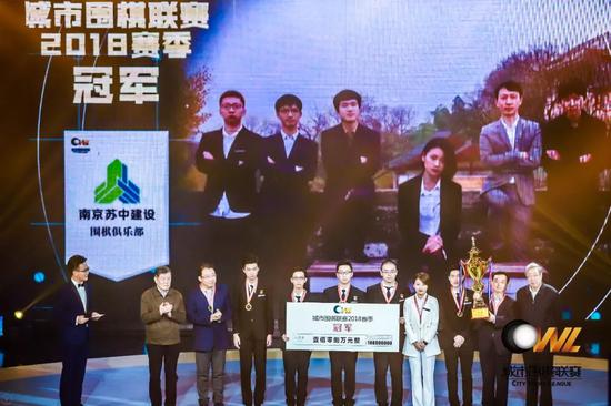 杜鹰（左二）和林建超（右一）给2018赛季冠军南京苏中建设颁奖