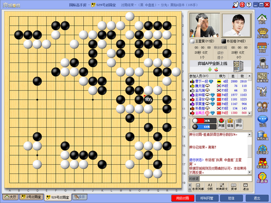 朴廷桓执黑中盘胜王星昊(完整棋谱请登录弈城围棋网查看)