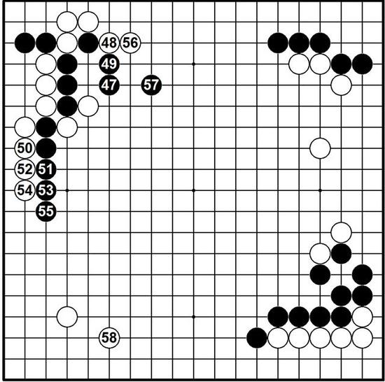 图二，从结果来看，阿尔法狗的新手获得成功，先手吃角，上下都走到，还抢到左下角守角，黑棋收获有限。