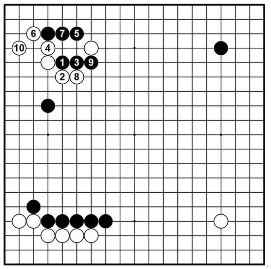 图五，这是正常进行的妖刀定式，左边是黑棋厚势，白棋这样选择无趣。