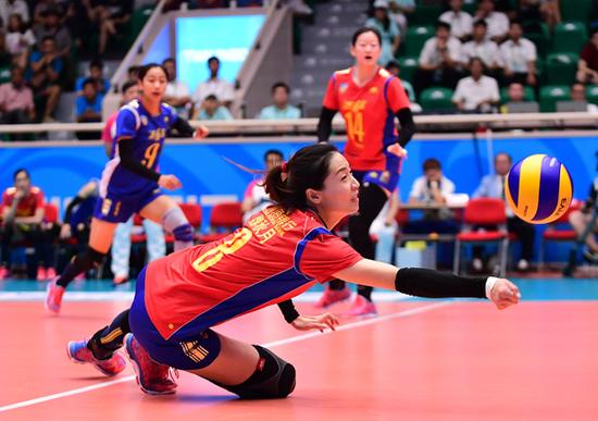 2017年8月26日，天津，2017全运会女排成年组1/4决赛，天津1-3北京。这是魏秋月在比赛中。