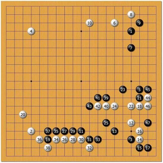 白27急忙打入，黑棋形成厚势后一举攻杀。所以黑25棋形要点。白46可以打劫，但布局就打劫苦活没法看了。