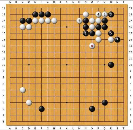 白2.4扳粘，黑5尖顶只此一手，白6.8简明处理，由于左边白棋太厚、右上黑四子略显凝重，黑战斗不利。