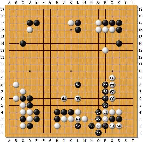 之后59这一串感觉黑棋有点俗，白68跳出黑很那拿住白棋。