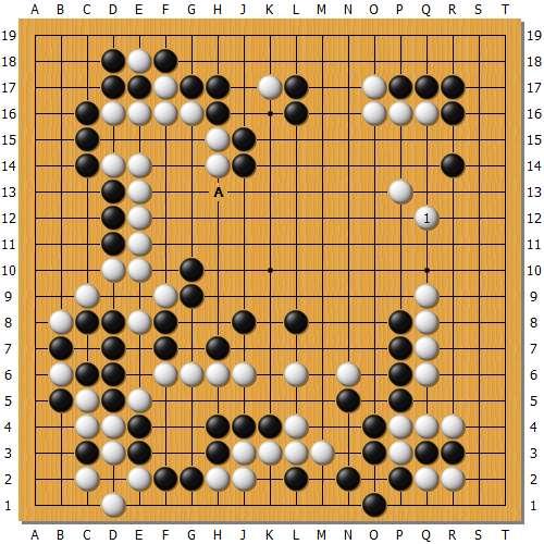 实战白122于本图1小尖，或者A位长，还是白棋占优的局面。