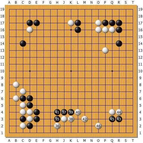 下面一串先手定型，紧接着43点角是预定的连贯思路，朴廷桓46飞好棋。