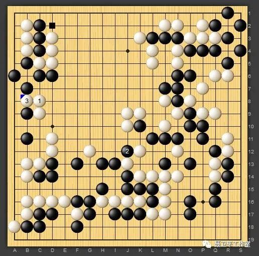 【图1】：王星昊执黑VS申真谞。面对白1的骚扰，王星昊针锋相对，黑2打吃，先威胁白棋下边大龙。