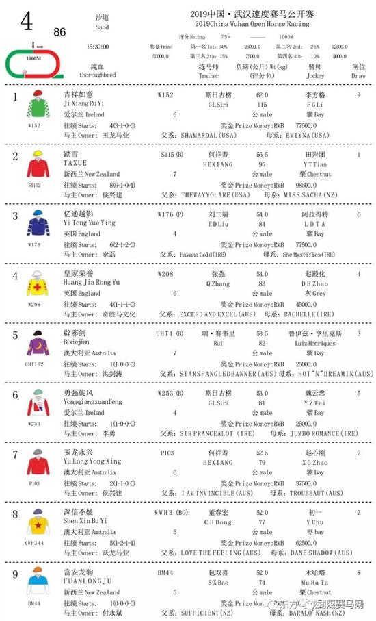 2019中国·武汉速度赛马公开赛11月30日赛事排位表