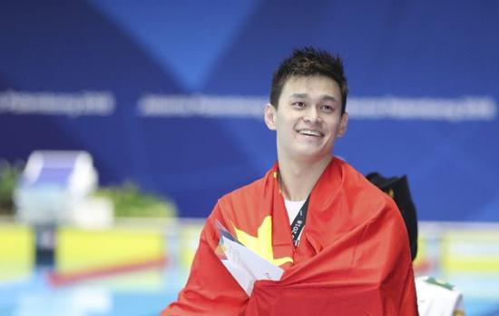 第18届亚运会男子400米自由泳决赛，中国选手孙杨夺冠。费茂华摄