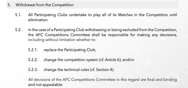 亚足联对于亚冠退赛的章程