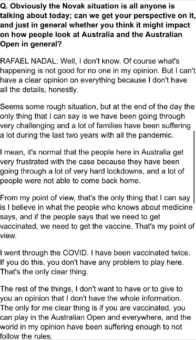 纳达尔在新闻发布会上也被记者问到了关于德约的话题