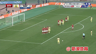 美洲队任意球中横梁GIF