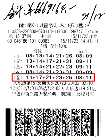 图为666万大乐透中奖票