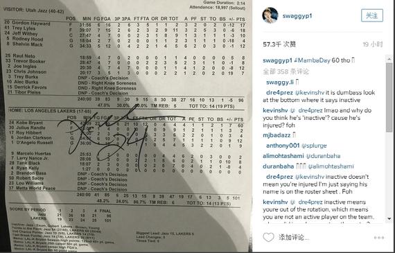 科比在技术统计上给尼克杨签名！弥补了他的遗憾