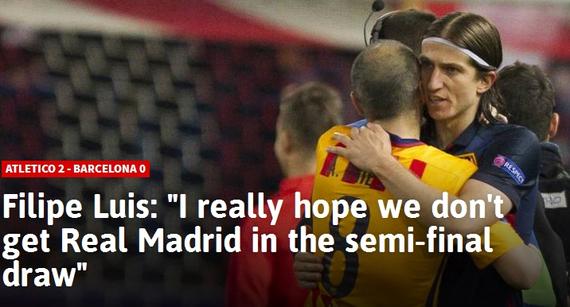 马竞大将：不想抽到皇马