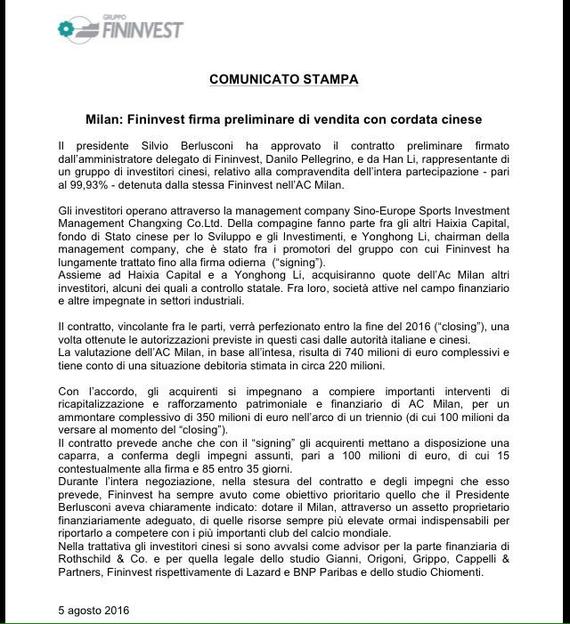 Fininvest官方声明