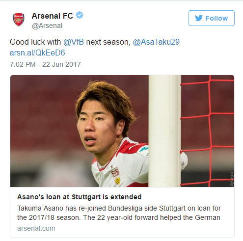阿森纳宣布外租浅野拓磨