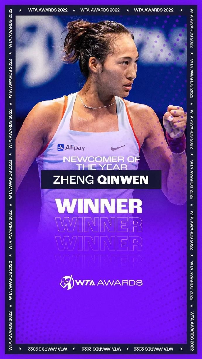 郑钦文获得WTA2022年度最佳新人奖