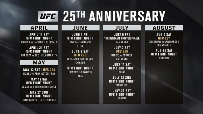 UFC公布了今年7月和8月的赛程安排
