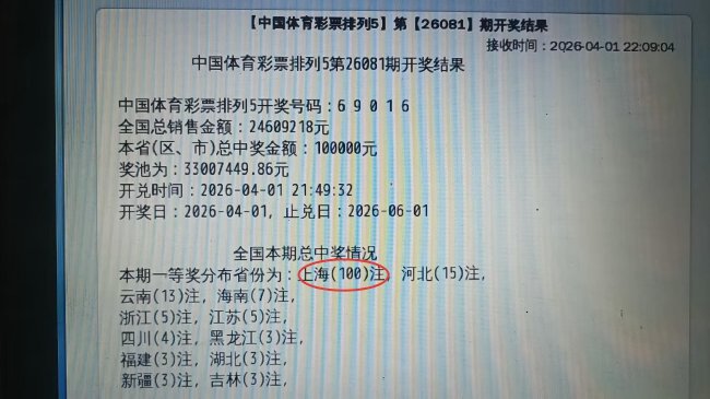 排列五第26081期上海独中100注一等奖