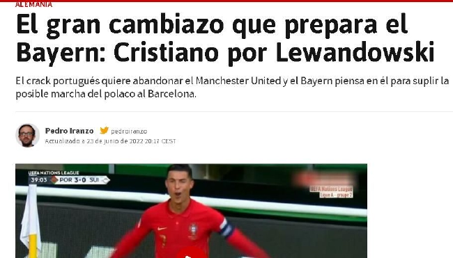 西班牙媒体：拜仁想用C罗取代莱万 C罗也想离开曼联！