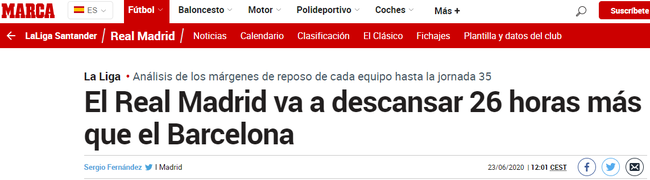 《马卡报》:皇马比巴萨多休息26小时