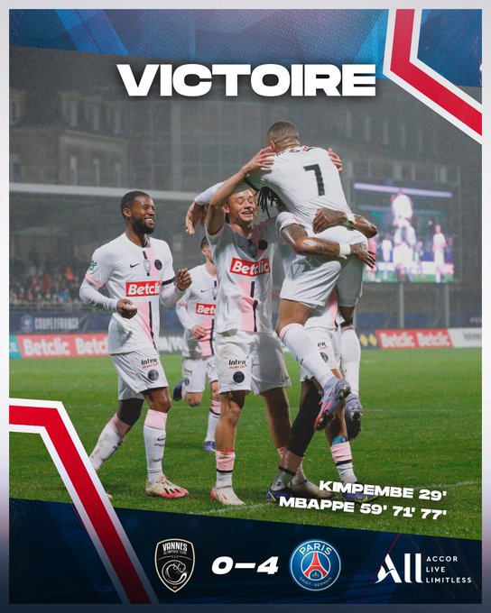 法国杯-姆巴佩2场5球 巴黎客场4比0大胜汰瓦纳晋级16强！