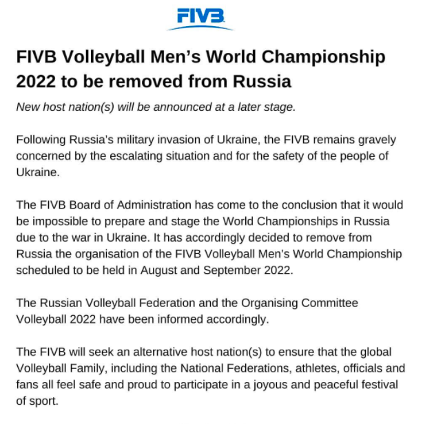 国际排联官宣取消俄罗斯2022年男排世锦赛主办权！