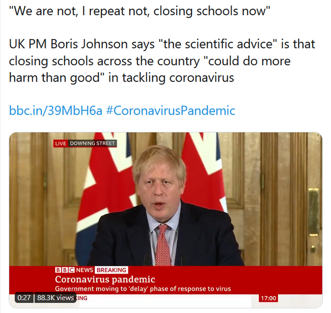 英国首相表示，暂时不关闭学校