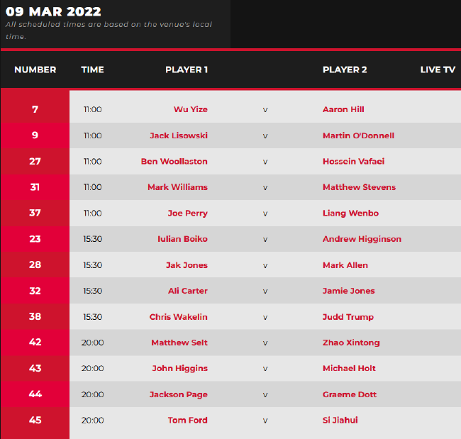 2022斯诺克土耳其大师赛正赛第3比赛日赛程