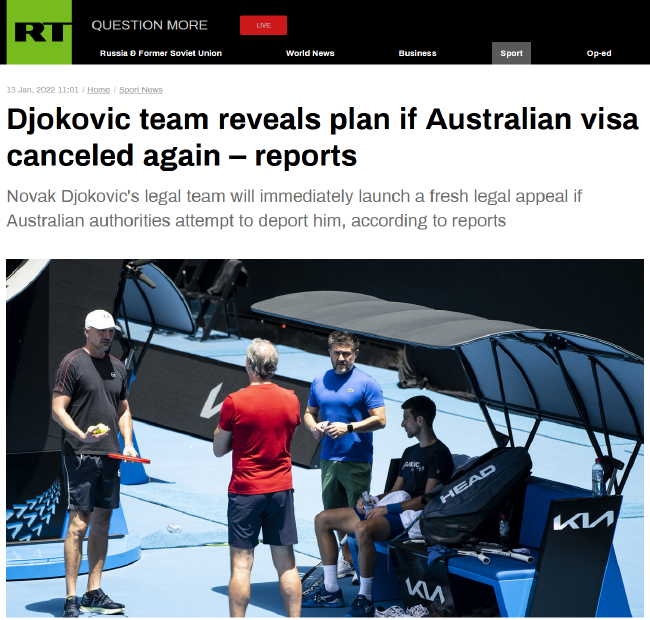 俄媒报道德约科维奇律师将用上诉的手段防止澳大利亚当局再次取消其签证