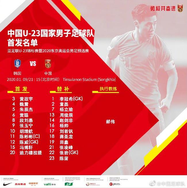国奥VS韩国首发:张玉宁携陈彬彬冲锋 段刘愚统中