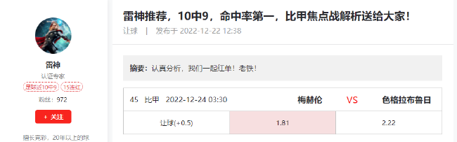 新浪彩票专家雷神让球推荐：梅赫伦主场不败