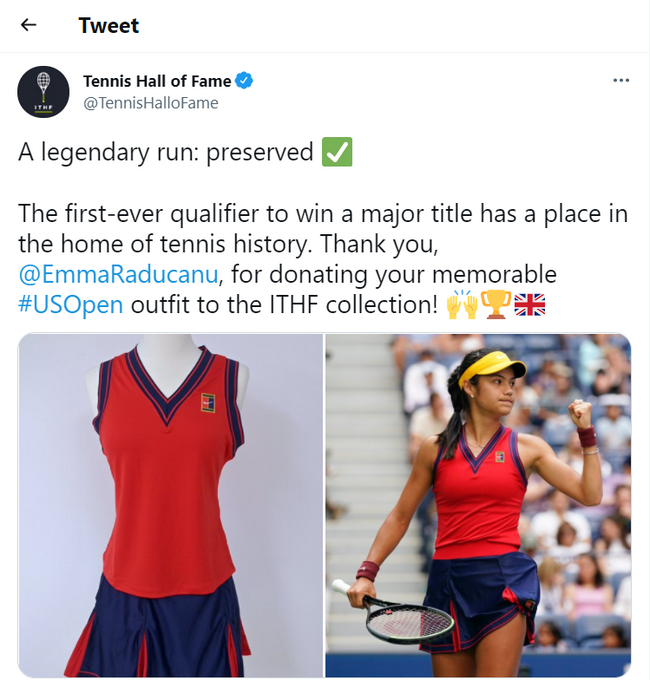拉杜卡努捐赠美网夺冠战袍给网球名人堂