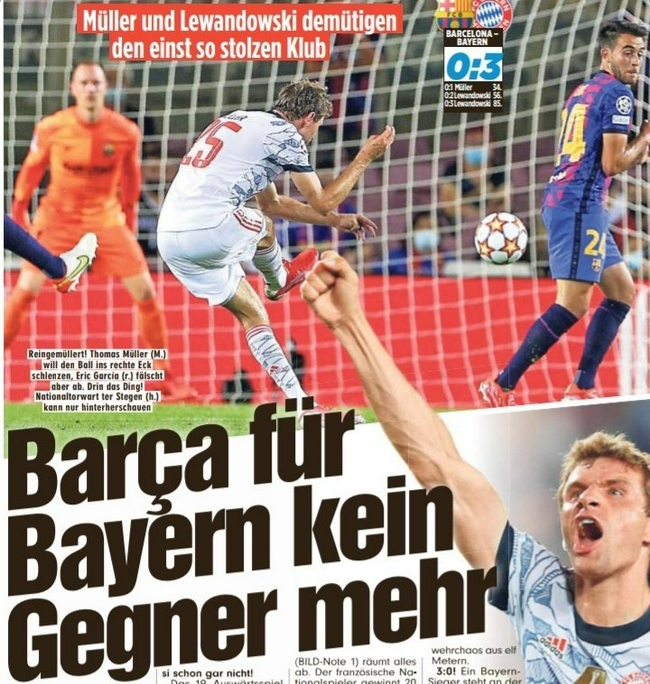 图片报赛后评分莱万+中卫最高 称巴萨不再是拜仁对手！