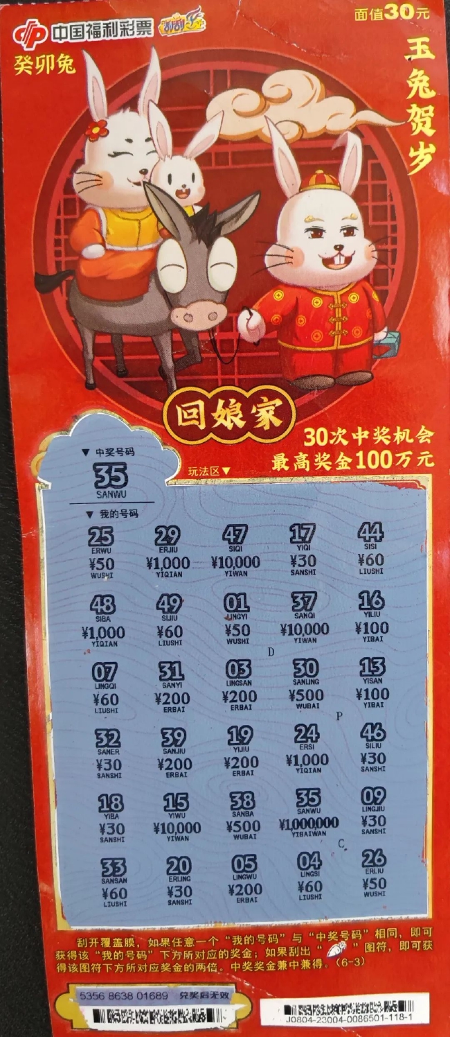 中奖彩票1月16日,刮刮乐贺岁生肖票"癸卯兔"2亿元派奖活动第二天