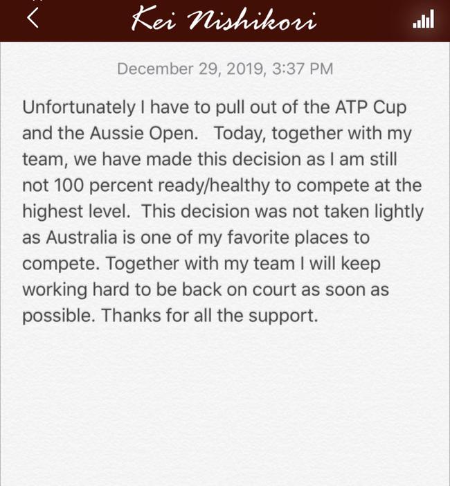 锦织圭因伤退出明年ATP杯和澳网 美网后还未出战