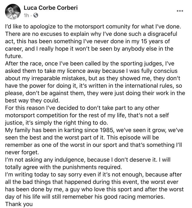 科贝里在Facebook上发布的道歉声明