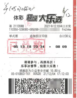 福建体彩大乐透亿元大奖彩票