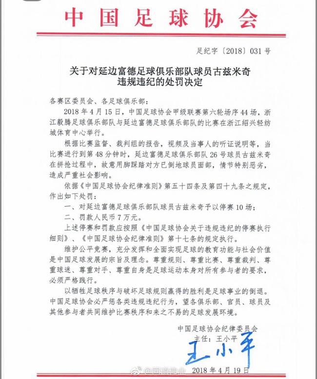 古兹米奇被禁赛10场