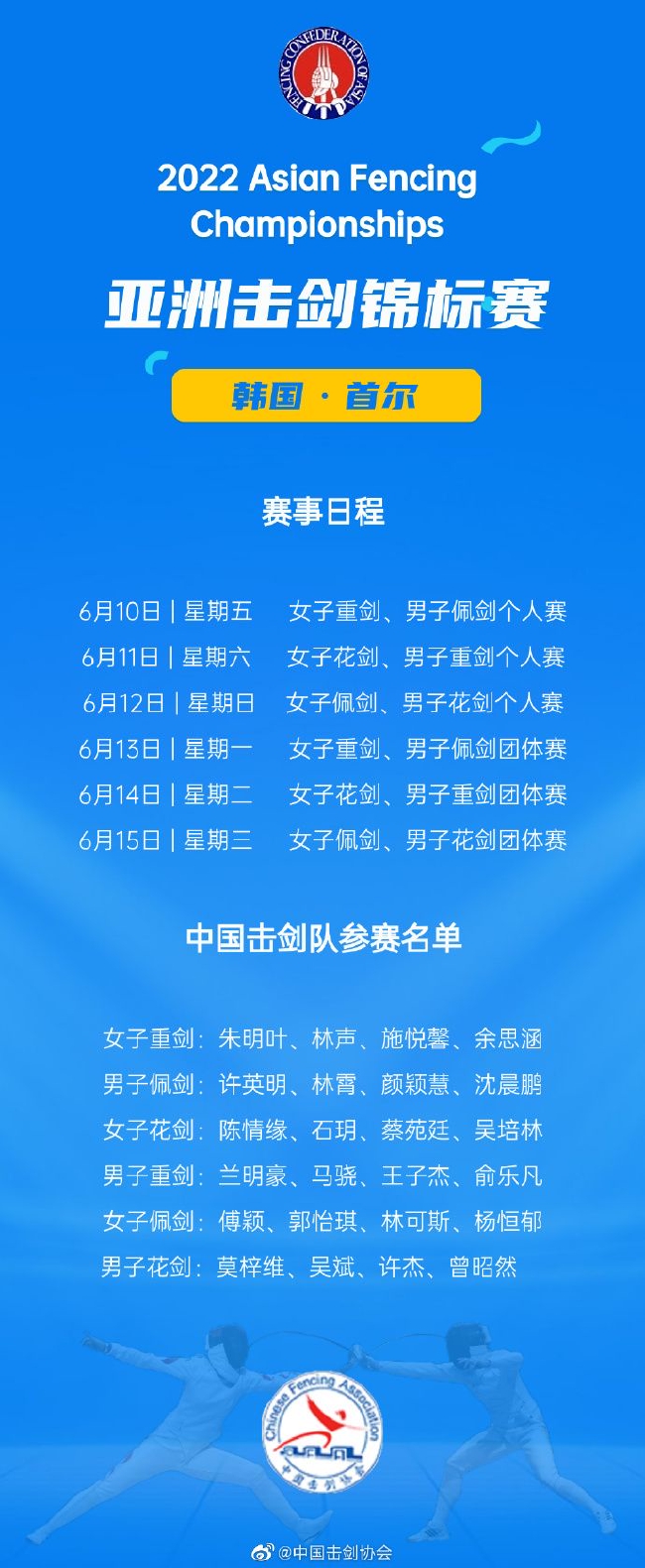 2022年亚洲击剑锦标赛赛程及中国队参赛名单