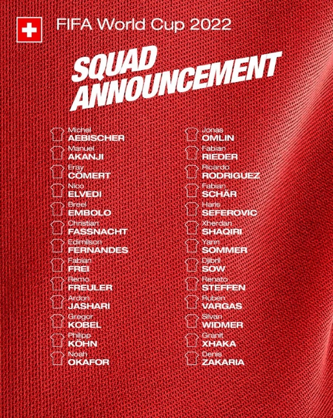 瑞士公布世界杯26人名单：扎卡领衔 沙奇里在列！