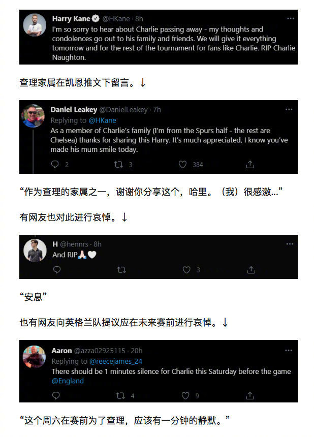 哈里凯恩也表达了哀悼