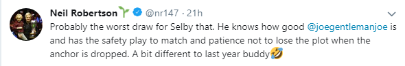罗伯逊赛后认为塞尔比抽到佩里比较倒霉