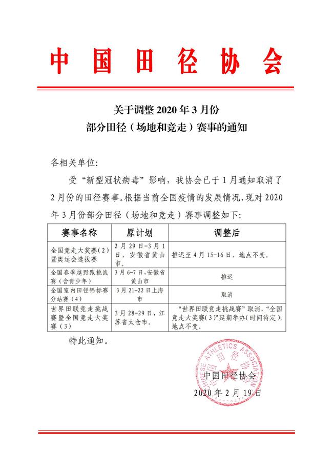 中国田径:奥运会竞走选拔赛推迟至4月15日举办